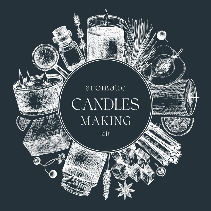 Hand sketched candle-making card design on chalkboard. Vintage candles, herbs, wax,  spices, skewers hand drawings round wreath. Perfect template for aromatherapy, hobby, handcrafts, candle making